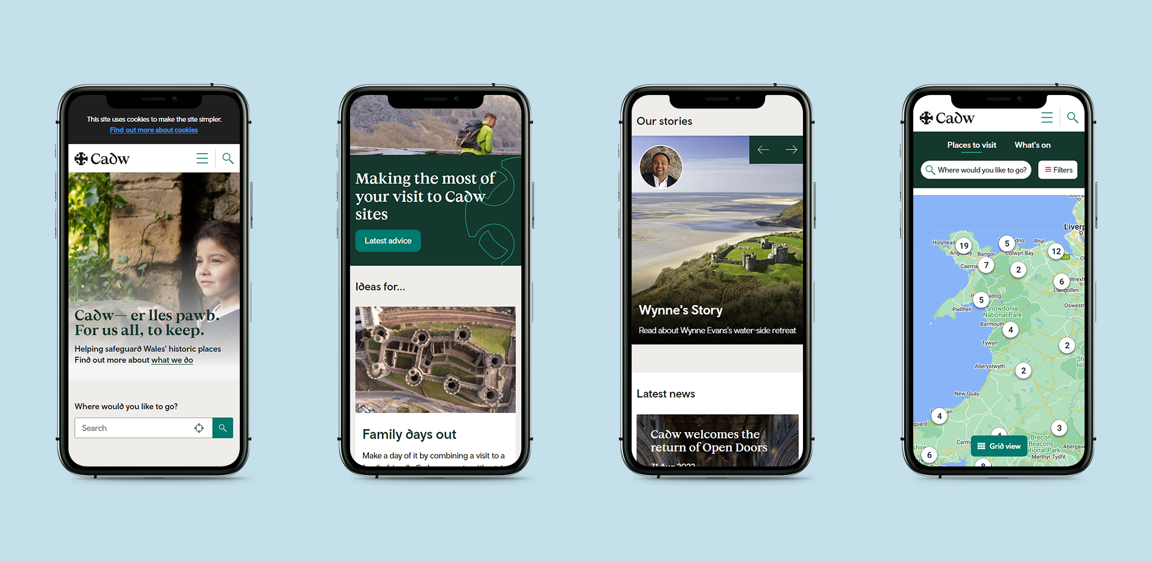 Cadw - examples of website on mobile screens